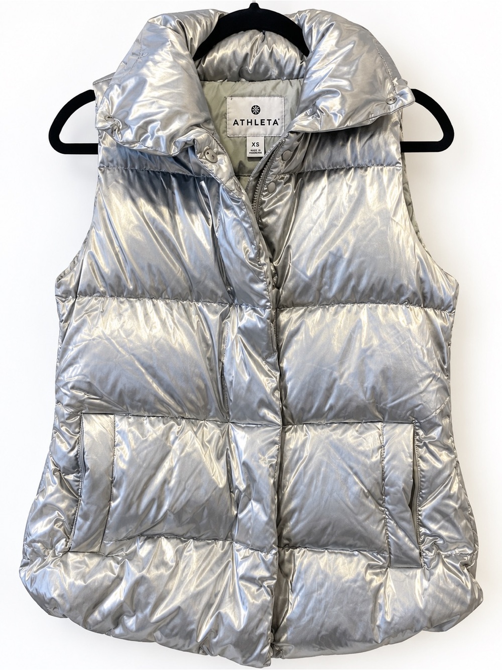 Athleta Metallic Silver Puffer Vest Shiny Quilted Women’s XS